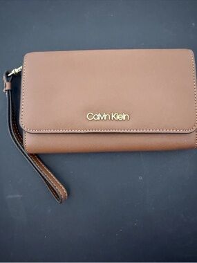 Calvin Klein Brown Leather Wristlet Clutch with Gold Logo